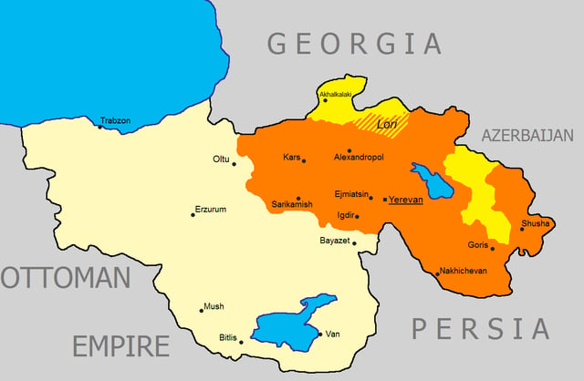 Territory held by Armenia and the Karabakh Council at some point   Area given to Armenia by the Treaty of Sèvres, which was never entered into force.