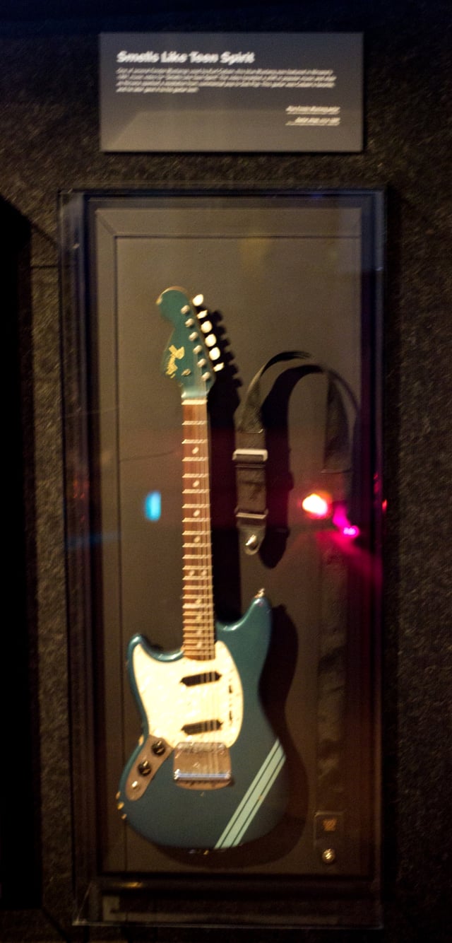 The Lake Placid Blue Fender Mustang played by Kurt Cobain during the filming of the video for "Smells Like Teen Spirit", shown at the Museum of Pop Culture in Seattle