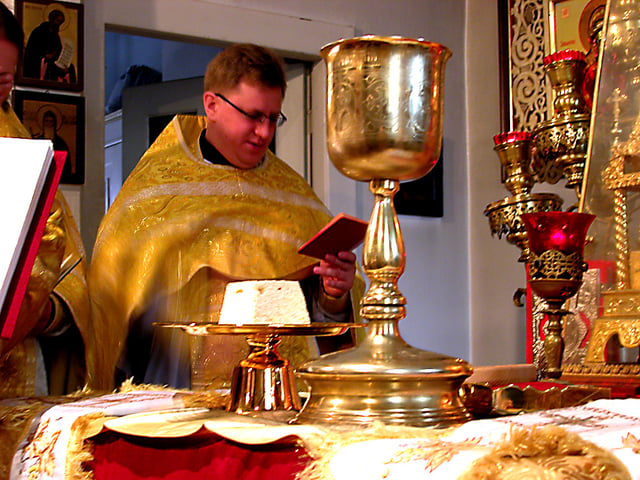 Lamb (host) and chalice during an Orthodox celebration of the Liturgy of St. James