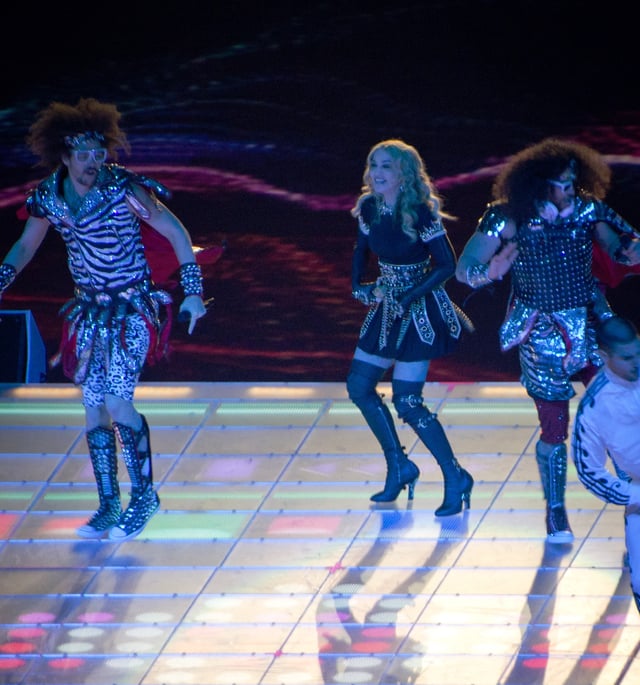 Madonna performing with LMFAO during the Super Bowl XLVI halftime show.