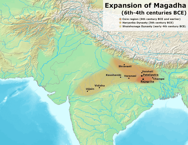 The Magadha state c. 600 BCE, before it expanded from its capital Rajagriha – under the Haryanka dynasty and the successor Shishunaga dynasty.