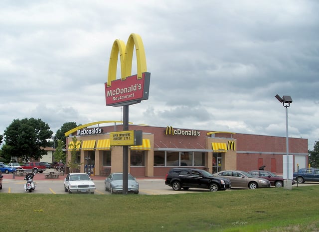 An American McDonald's in Mount Pleasant, Iowa in June 2008; this is an example of the "new" look of American McDonald's restaurants