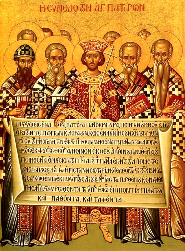 An icon depicting Constantine I, accompanied by the bishops of the First Council of Nicaea (325), holding the Niceno–Constantinopolitan Creed of 381.