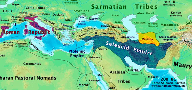 Parthia, shaded yellow, alongside the Seleucid Empire (blue) and the Roman Republic (purple) around 200 BC