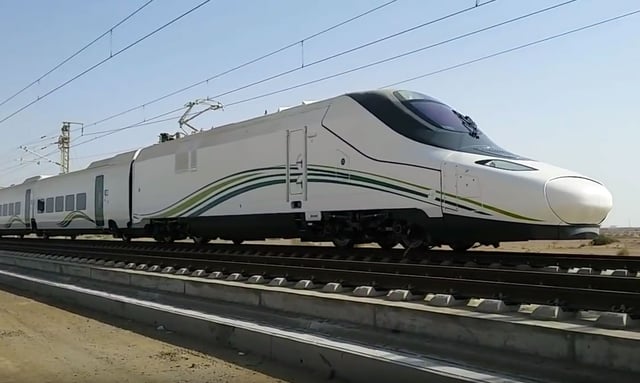 A picture of the high speed locomotive that operates the Haramain train line between Makkah, Madinah and Jeddah. It is manufactured by spanish trainset manufacturer Talgo.