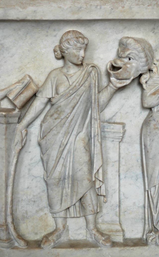Thalia, muse of comedy, gazing upon a comic mask (detail from Muses' Sarcophagus)