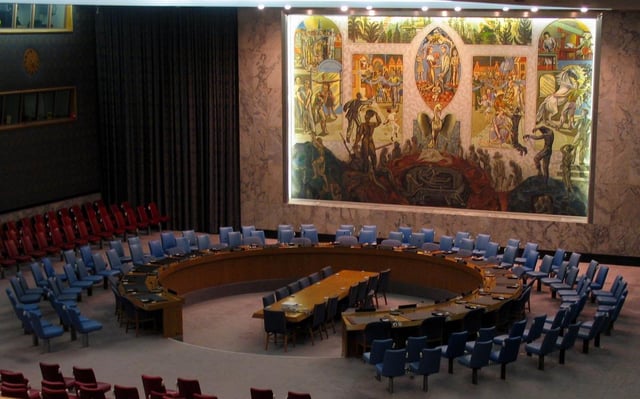 The meeting room exhibits the United Nations Security Council mural by Per Krohg (1952)