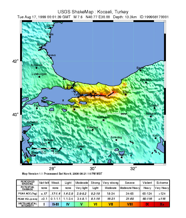 USGS ShakeMap showing the intensity of the event
