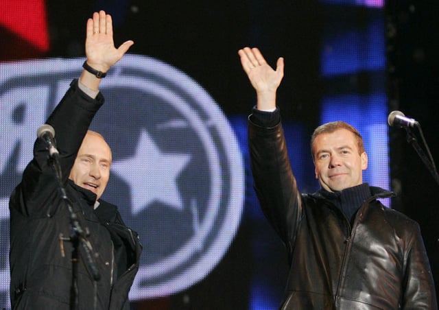 Medvedev with Putin on election day on 2 March 2008