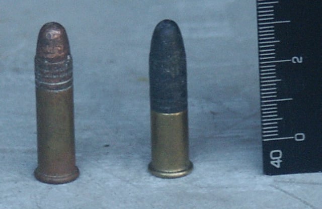 .22 caliber Aguila Sniper Sub-Sonic (right) with .22 long rifle for comparison