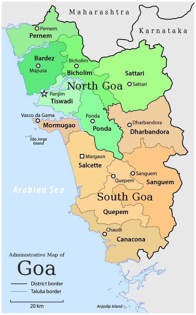 Talukas of Goa. Talukas in green shades belong to North Goa district, and orange denote South Goa district.