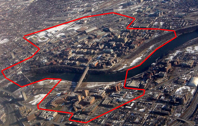 Aerial photo of the Minneapolis campus, facing east