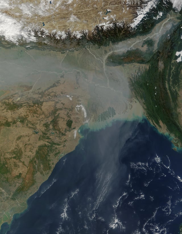 Air pollution in South Asia spread over the Bay of Bengal and beyond.