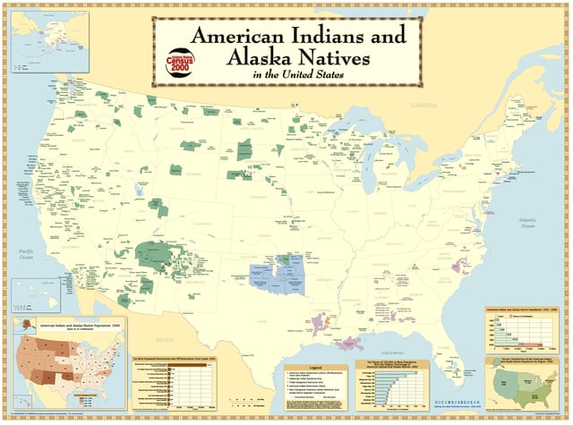 This Census Bureau map depicts the locations of differing Native American groups, including Indian reservations, as of 2000. Note the concentration (blue) in modern-day Oklahoma in the South West, which was once designated as an Indian Territory before statehood in 1907.