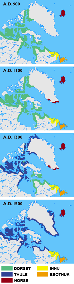 Maps showing the different cultures in Greenland, Labrador, Newfoundland and the Canadian arctic islands in the years 900, 1100, 1300 and 1500.