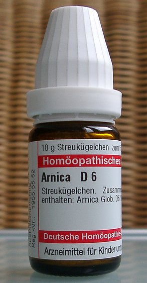 This bottle is labelled Arnica montana (wolf's bane) D6, i.e. the nominal dilution is one part in a million (10**-6**).