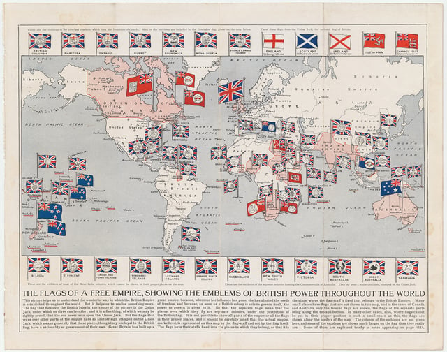 An elaborate map of the British Empire in 1910, marked in the traditional colour for imperial British dominions on maps