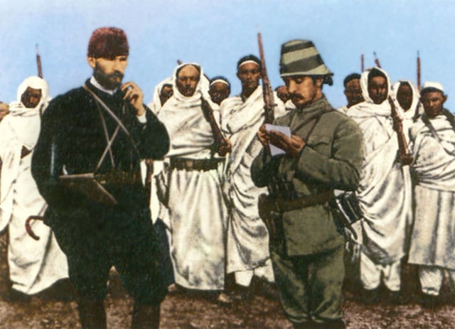 Binbaşı Mustafa Kemal Bey (left) with an Ottoman military officer and colonial Bedouin forces in Derna, Tripolitania Vilayet, 1912