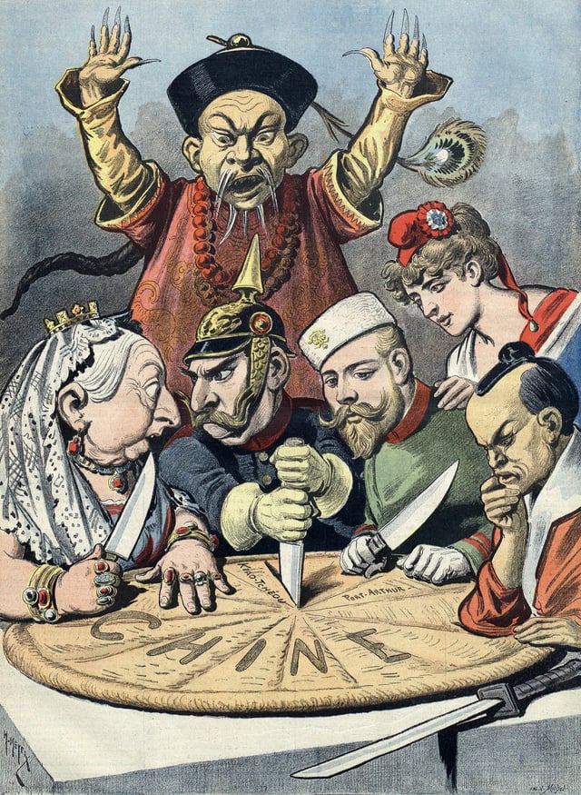 A French political cartoon depicting China as a pie about to be carved up by Queen Victoria (Britain), Kaiser Wilhelm II (Germany), Tsar Nicholas II (Russia), Marianne (France) and a samurai (Japan), while a Chinese mandarin helplessly looks on.