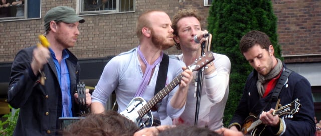 Performing live outside the BBC Television Centre during their Viva la Vida Tour in 2008.