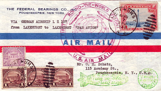 Flown $3.55 U.S. franked Weltrundfahrt 1929 Lakehurst to Lakehurst US Airmail cover