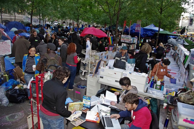 Encampment at Zuccotti Park and "People's Library" with over 5,000 books, wi-fi internet, and a reference service, often staffed by professional librarians, procuring material through the interlibrary loan system.