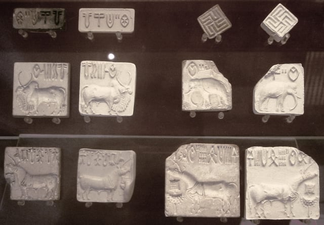 Stamp seals, some of them with Indus script; probably made of steatite; British Museum (London)