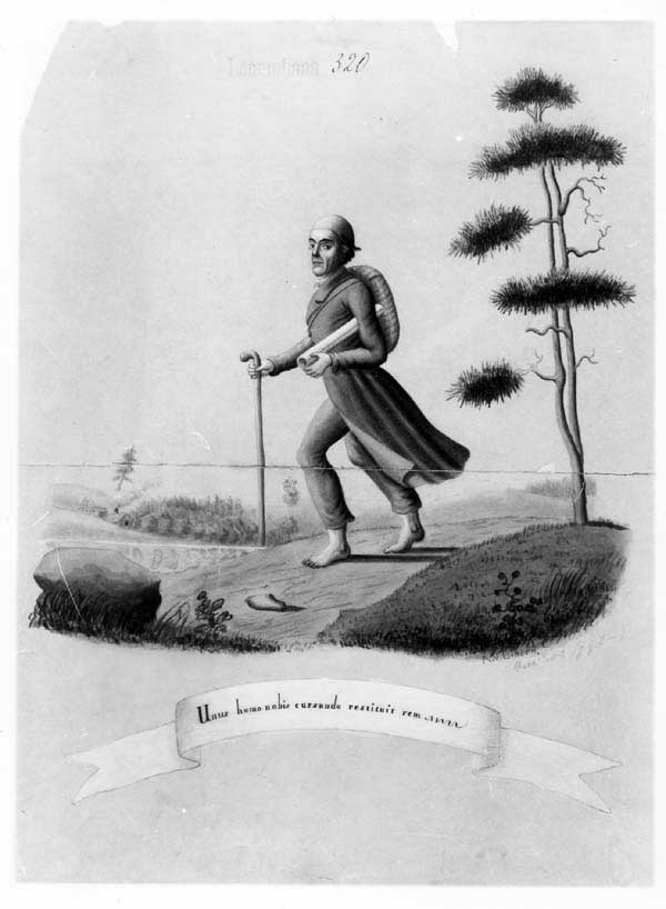 Elias Lönnrot as depicted in a 19th-century caricature – Lönnrot made several journeys to Karelia and Eastern Finland to collect folklore, from which he compiled the Kalevala