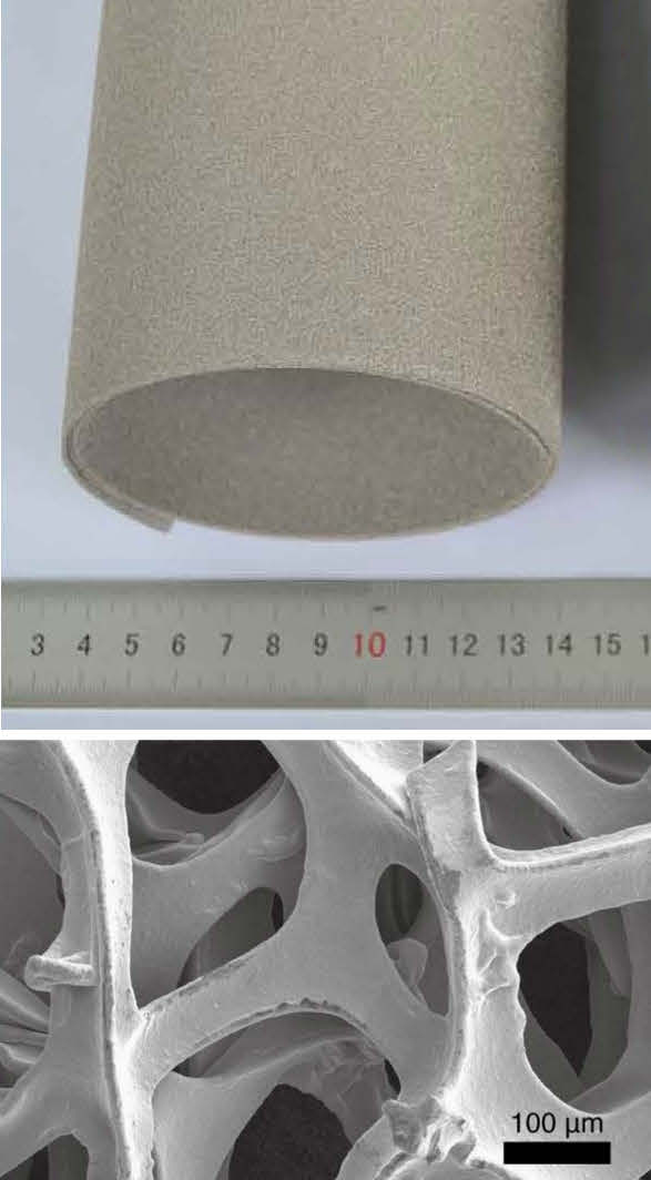 Nickel foam (top) and its internal structure (bottom)