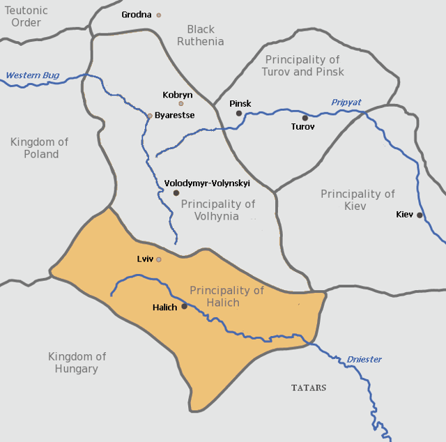 Map of the Principality of Halych in the 13th century, which formed the nucleus of what later became Galicia
