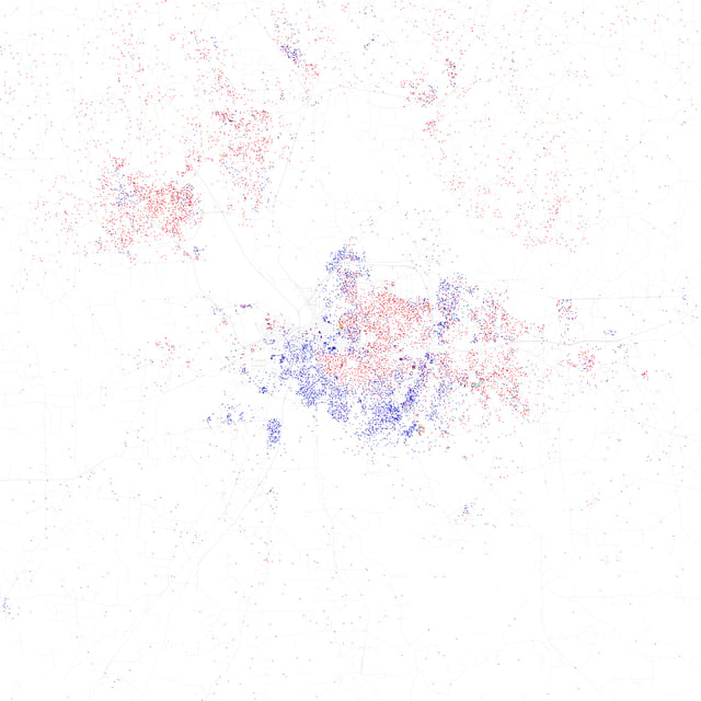 Map of racial distribution in Montgomery, 2010 U.S. Census. Each dot is 25 people: White, Black, Asian, Hispanic or Other (yellow)