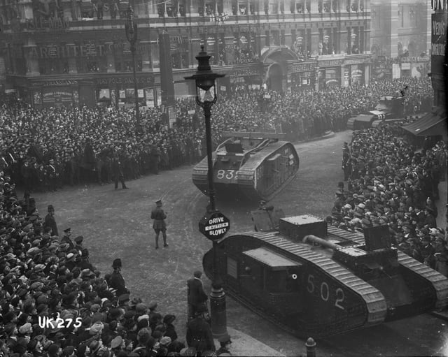 Tanks on parade in London at the end of World War I