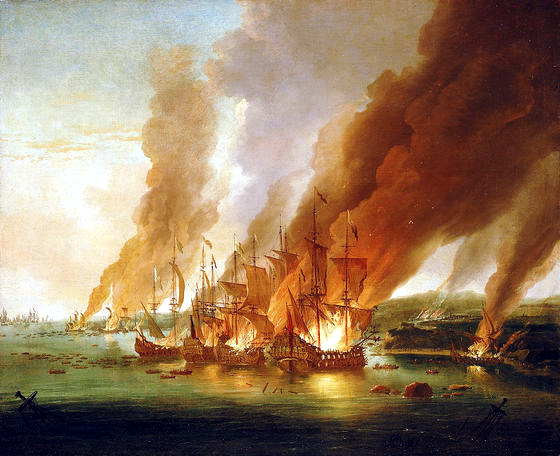 Battle of La Hogue, (1692) by Adriaen van Diest. The last act of the battle – French ships set on fire at La Hogue.