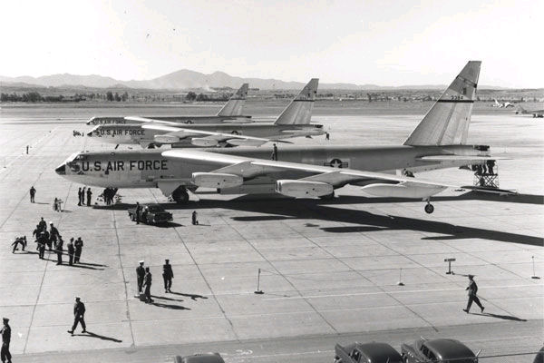 Three B-52Bs of the 93rd Bomb Wing prepare to depart March AFB for Castle AFB, California, after their record-setting round-the-world flight in 1957.