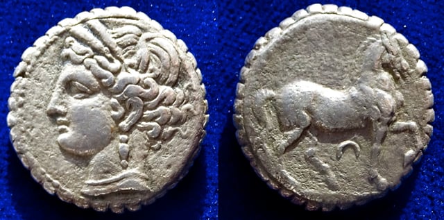 Hannibal's financial reform of Carthage after the loss of the 2nd Punic War: A Tetradrachm of Tanit & a horse, underweight with a serrated edge. About 200 BC