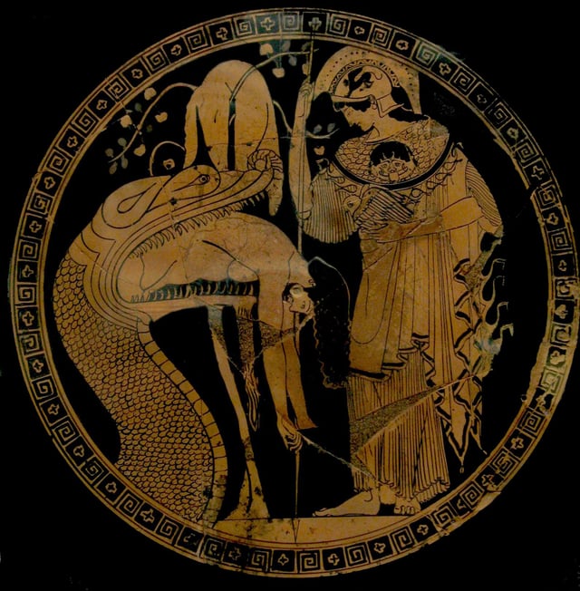 Attic red-figure kylix painting from c. 480–470 BC showing Athena observing as the Colchian dragon disgorges the hero Jason