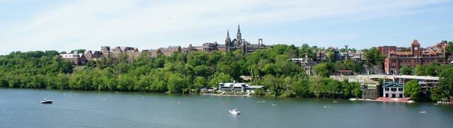 Springtime panorama of the portion of campus along the Potomac River, as seen from the Key Bridge