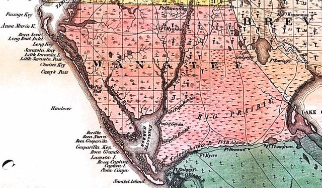 Map of Manatee County as it existed in 1856, one year after it was created.