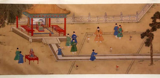 The Xuande Emperor playing chuiwan with his eunuchs, a game similar to golf, by an anonymous court painter of the Xuande period (1425–35).