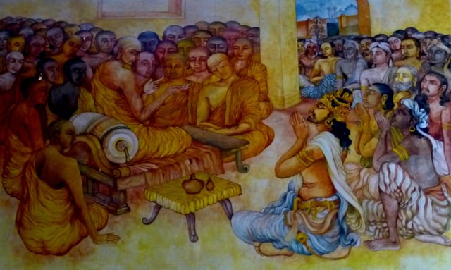 Ashoka and Monk Moggaliputta-Tissa at the Third Buddhist Council. Nava Jetavana, Shravasti.