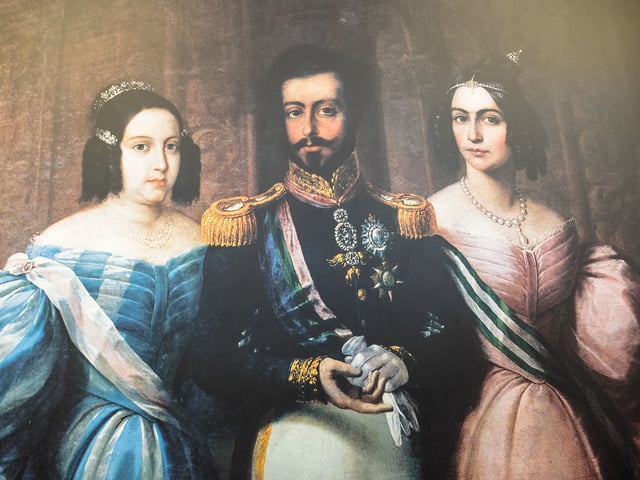 Emperor Pedro I of Brazil with his second wife Amélie and eldest daughter Queen Maria II of Portugal, just a few months before Pedro's death, 1834.
