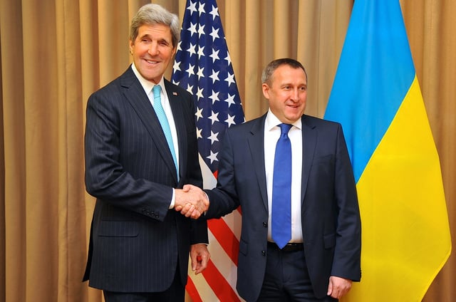U.S. Secretary of State John Kerry with Ukrainian Foreign Minister Andrii Deshchytsia before the two joined with Russian and European Union officials about Ukraine in Geneva, Switzerland, on April 17, 2014.