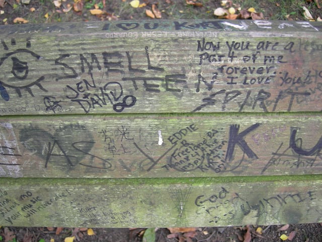 A bench in Viretta Park, through tribute graffiti, has become an improvised memorial to Cobain