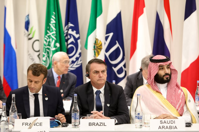Macron, Brazilian President Jair Bolsonaro and Saudi Crown Prince Mohammad bin Salman at the 2019 G20 Osaka summit