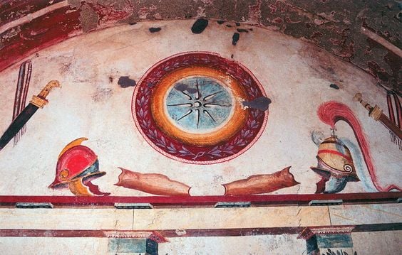 Paintings of Hellenistic-era military arms and armor from a tomb in ancient Mieza (modern-day Lefkadia), Imathia, Central Macedonia, Greece, 2nd century BC