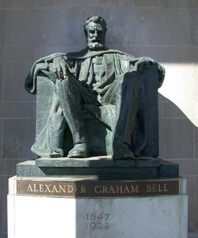 Bell statue by A. E. Cleeve Horne, similar in style to the Lincoln Memorial, in the front portico of the Bell Telephone Building of Brantford, Ontario, The Telephone City. (Courtesy: Brantford Heritage Inventory, City of Brantford, Ontario, Canada)