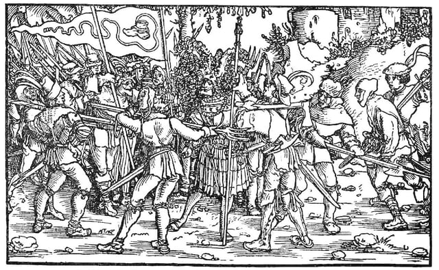 Rebellious peasants surrounding a knight.