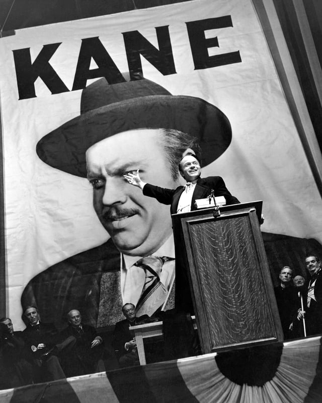 Orson Welles in the title role of Citizen Kane (1941), often cited as the greatest film of all time.