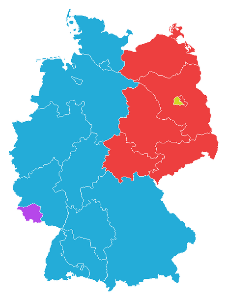Germany 1949: West Germany (blue) comprised the Western Allies' zones, excluding the Saarland (purple); the Soviet zone, East Germany (red) surrounded West Berlin (yellow).