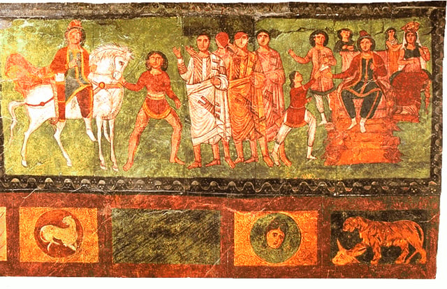 A wall mural depicting a scene from the Book of Esther at the Dura-Europos synagogue, dated 245 AD, which Curtis and Schlumberger describe as a fine example of 'Parthian frontality'